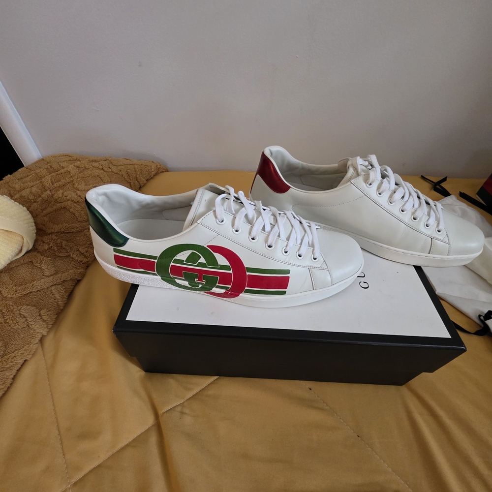 Authentic Gucci White Sneakers with Red and Green Accents